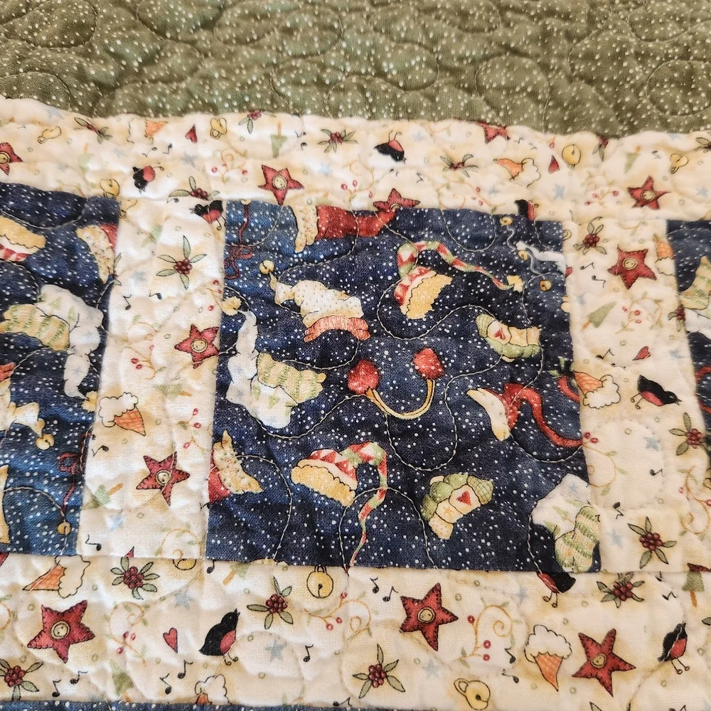 HANDMADE Patchwork Lap Quilt Throw Blue Green Birds Stars Whimsical 43 x 36 - Picture 2 of 5